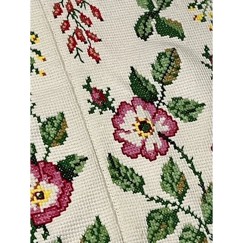 Handmade Floral Blanket Crochet Needlepoint Cross Stitch Afghan‎ Cottagecore 70s